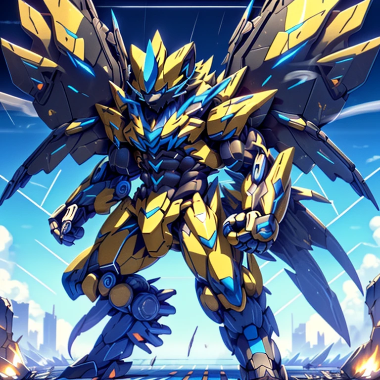 (ZERAORA, 8K), giant mechanical Muscular Zeraora is trampling the city, NSFW, Zeraora is over 1000 meters long. Additional details: (masterpiece, official art, 8k, best quality) terrifying and imposing design, (smoke and flames rising from the destruction in the background, a lone figure) (high-tech bio-mecha armor, real texture material), (gigantic muscles, Gigachad Muscular, big muscle, pecs, triceps, traps, unusually developed muscular body, body full of huge muscles. showing off muscles, pectorales enormes, Exaggeratedly huge muscles.),(Spread wings, It has wings, have big wings, golden wings), (whole body shines like metal, Wearing cyberpunk mecha, emphasizes the muscles, suit fully made of metal, intricate armor, Robotic suit, suit fully made of metal, cyborg), (giant zeraora, Zeraora's giant robot, Powered exoskeleton with the same design as Zeraora), (Masterpiece, highres) (Detailed head, Detailed Body, Detailed abs, full body, gundam,