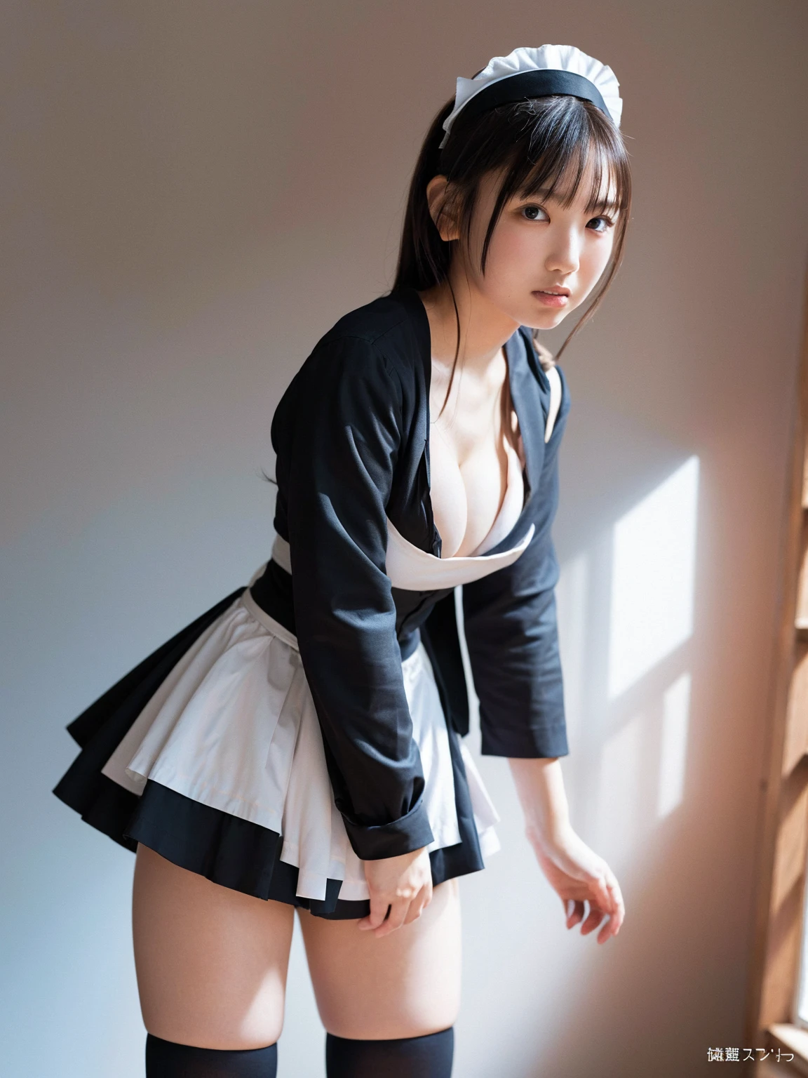 (41k4:1), (aika-sawaguchi:0.5), masterpiece, Best Quality, 8K, Raw photo, (wearing maid uniform:1.6), top-notch quality, masterpiece, (facing viewer:1.5), (front view:1.5), (arms behind back:1.3), solo, (1 pretty Japanese girl), (wearing black stockings:1.2), exceptionally detailed RAW color photo, professional-grade photograph, (Realistic, Photorealistic:1.37), (highly detailed skin:1.2), Ultra-high resolution, (lens 50mm), (masterpiece, top-quality:1.3), (hyper realistic:1.35), (Photorealistic:1.45), (Realistic:1.4), (looking at viewer:1.4), (1 beautiful girl), 21 years old, Japanese idol, supermodel, pale skin, (slim:1.3), (slim body:1.25), (slender body:1.25), (narrow waist:1.25), pretty face, (large breasts:1.15), (deep cleavage:1.2), gravure idol
