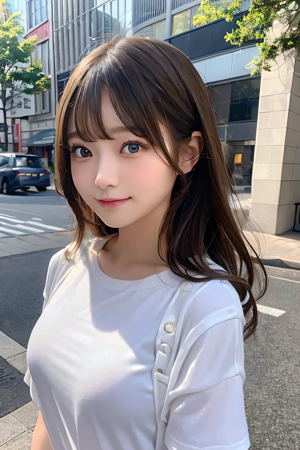 Fine details, High resolution, high quality、Perfect dynamic composition, Beautiful detailed eyes, Medium Hair, Small breasts、Natural color lip,Looking up、Shibuya-kei、20 year old girl、1 person、Clear skin、Shiny Hair、A sloppy smile、Mastepiece, Best Quality, Illustration, Super detailed, Fine details, High resolution, 8K、The correct state of the human body、squat、Gravure model pose,Hair flying in the wind、((I have an electric guitar))、(White shirt)