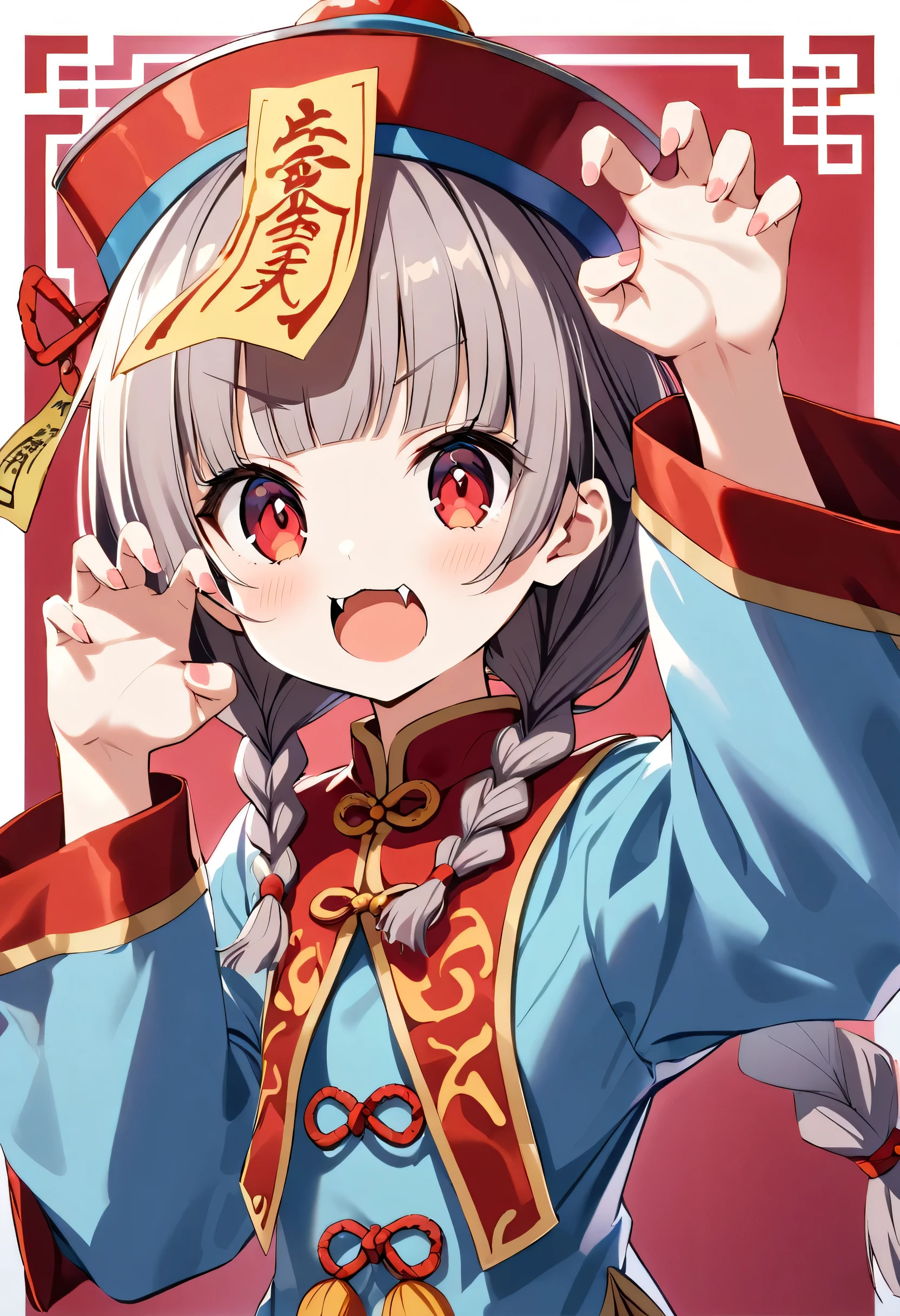 A cute young jiangshi girl, solo, with twin braids and blunt bangs framing her red eyes. She wears a qingdai guanmao adorned with an ofuda and traditional Chinese clothing. Her small fangs are bared as she strikes a claw pose.