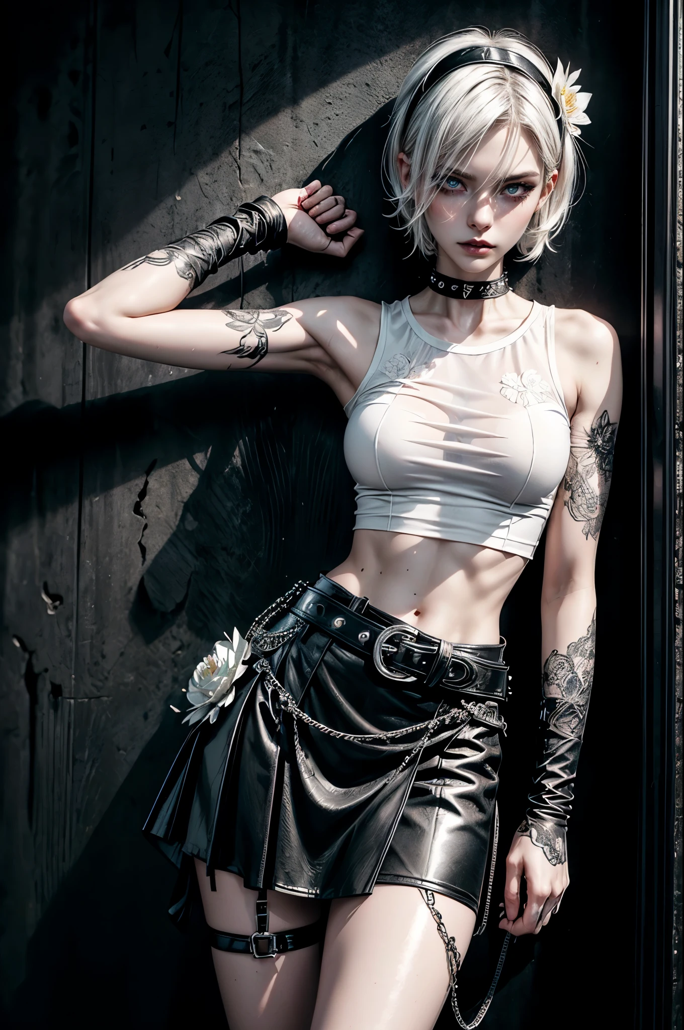 (Detailed illustrations, Very detailed and detailed drawing, Delicate lines with slow and rapid, Realistic texture expression), One woman with very short white hair with black tips, ( emo hairstyle, ), goth, pale white skin, evil smirk, (girls bedroom background), dark lighting, cold atmosphere, lore_Emma , pink eyes , dark eyeliner, (ultra dark glossy black lipstick), bored expression, gorgeous face , super cute, 18 years old , hyper detailed face, (super skinny figure , medium breast, thin waist), back leaning against wall, slim legs, slim hips, LowriseXL, (ultra low rise wet look shiny leather skirt with transparent flower pattern), (mesh shirt with flower pattern under (white transparent loose silk t-shirt) with bare shoulders), black choker, vulva tattoo, black hairband, (white lotus flower in hair), ((flower pattern tattoo)), fingerless leather gloves, (black nail polish), faded tattoo's, ((thigh belt)), ((hip chains)), ((belt hanging on hip)), ((many studded belts)), (((right arm back against wall))), (((left hand behind head))), (((right hand clenched into a fist)))