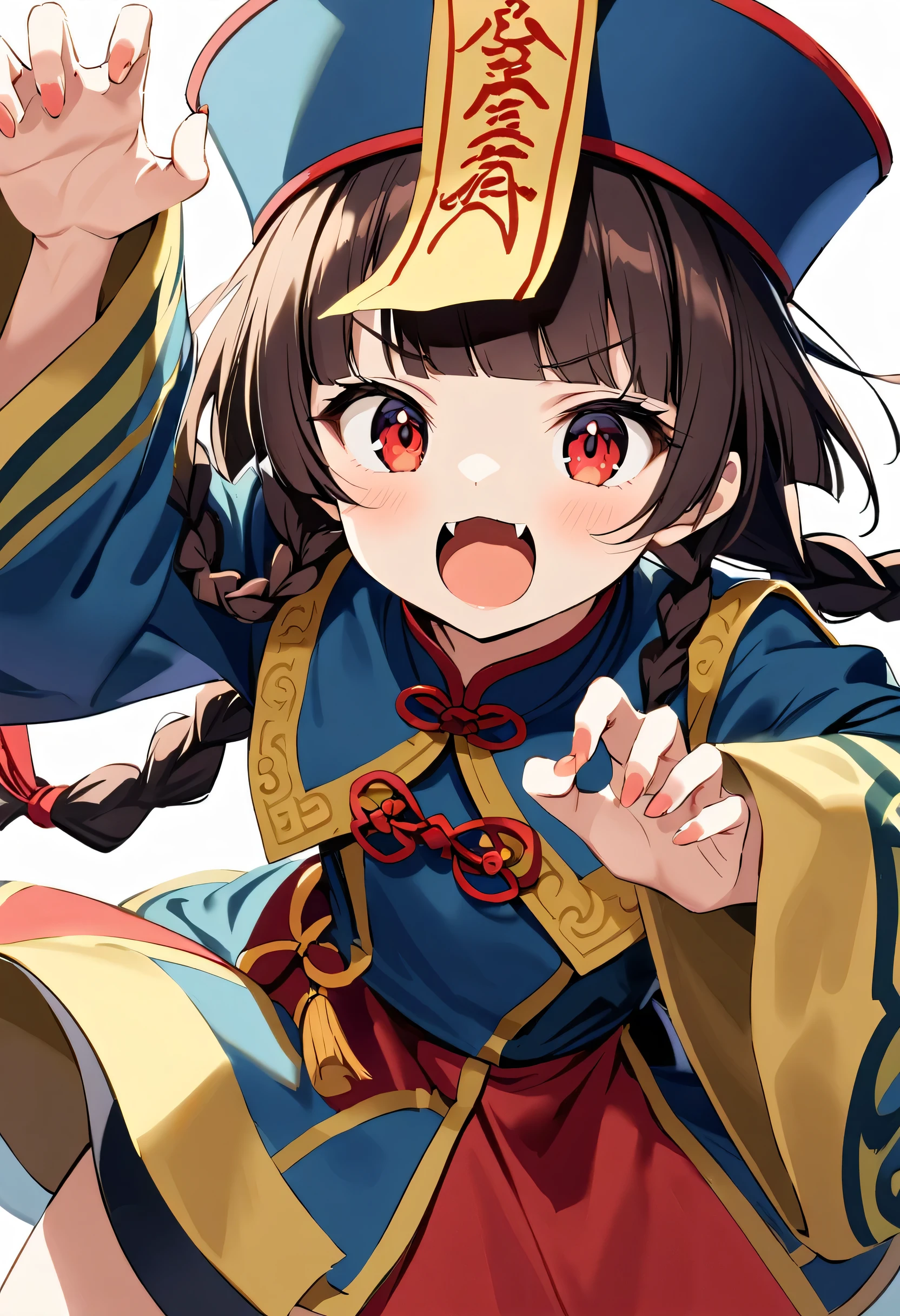 A cute young jiangshi girl, solo, with twin braids and blunt bangs framing her red eyes. She wears a qingdai guanmao adorned with an ofuda and traditional Chinese clothing. Her small fangs are bared as she strikes a claw pose. 