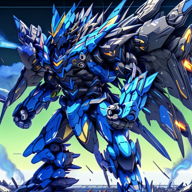 (ZERAORA, 8K), giant mechanical Muscular Zeraora is trampling the city, NSFW, Zeraora is over 1000 meters long. Additional details: (masterpiece, official art, 8k, best quality) terrifying and imposing design, (smoke and flames rising from the destruction in the background, a lone figure) (high-tech bio-mecha armor, real texture material), (gigantic muscles, Gigachad Muscular, big muscle, pecs, triceps, traps, unusually developed muscular body, body full of huge muscles. showing off muscles, pectorales enormes, Exaggeratedly huge muscles.),(Spread wings, It has wings, have big wings, golden wings), (whole body shines like metal, Wearing cyberpunk mecha, emphasizes the muscles, suit fully made of metal, intricate armor, Robotic suit, suit fully made of metal, cyborg), (giant zeraora, Zeraora's giant robot, Powered exoskeleton with the same design as Zeraora), (Masterpiece, highres) (Detailed head, Detailed Body, Detailed abs, full body, gundam,