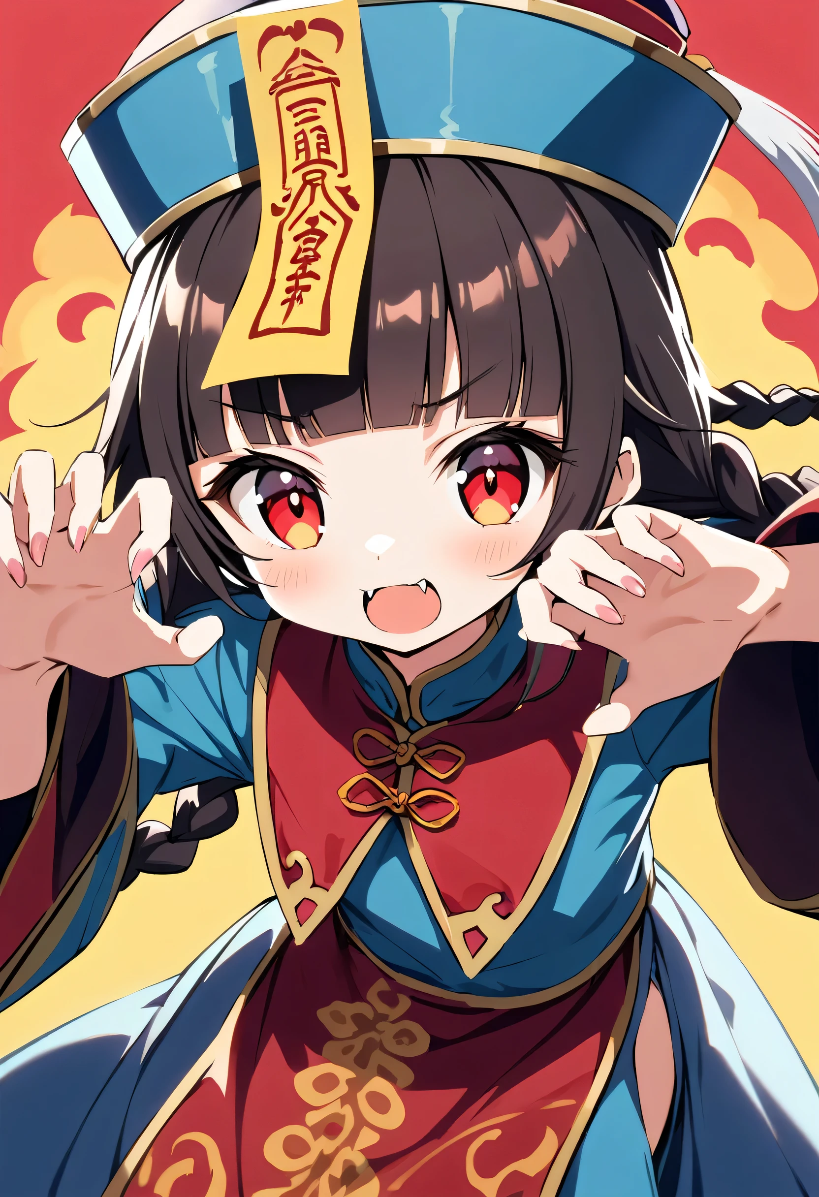 A cute young jiangshi girl, solo, with twin braids and blunt bangs framing her red eyes. She wears a qingdai guanmao adorned with an ofuda and traditional Chinese clothing. Her small fangs are bared as she strikes a claw pose. 