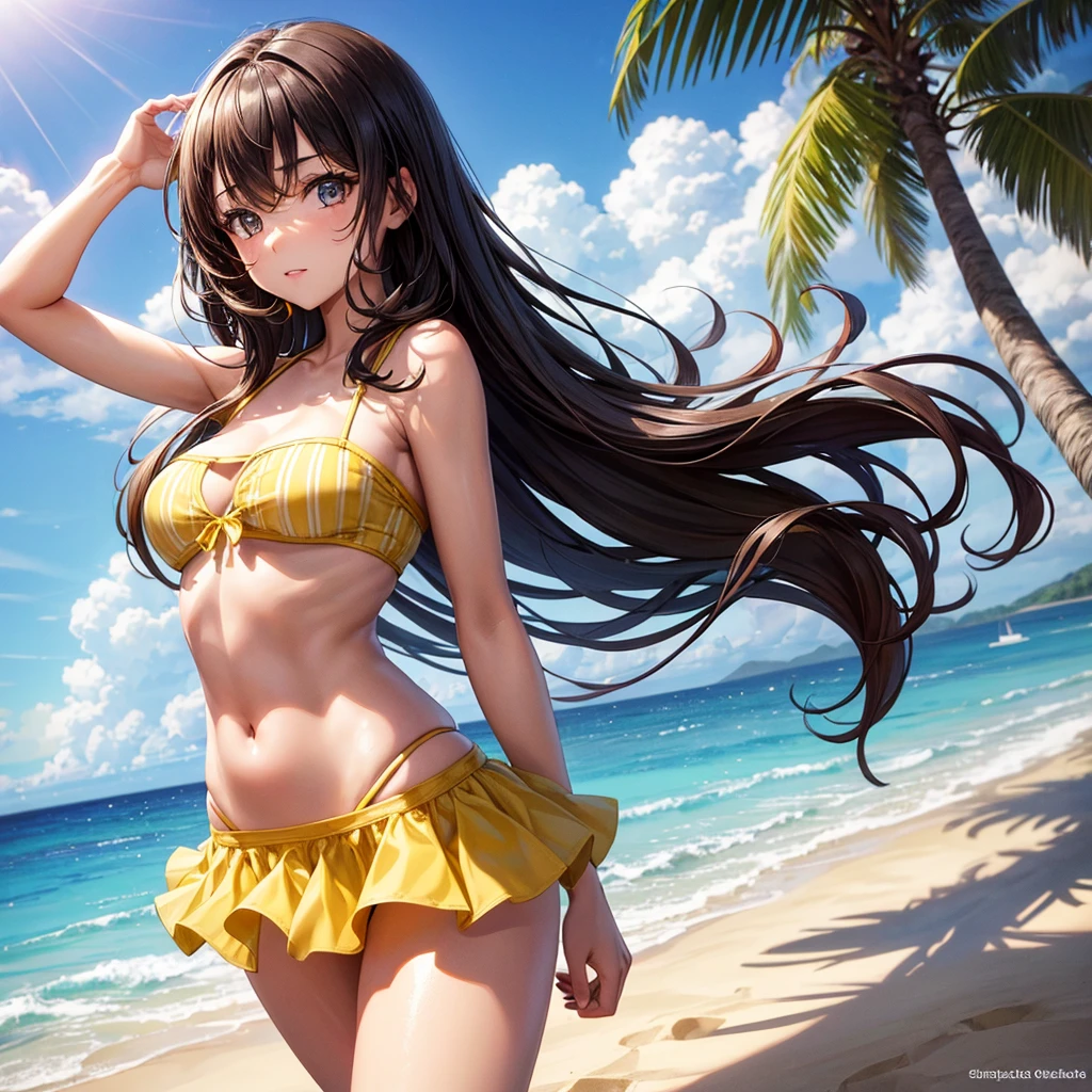 1_girl, solo, sksbrooke person, sksbrooke, (masterpiece:1.2), (best quality:1.2), perfect eyes, perfect face, 1girl, solo, brown eyes, (medium breasts), perky breasts, yellow stripe bandeau top and Brazilian bottom bikini set, beach background