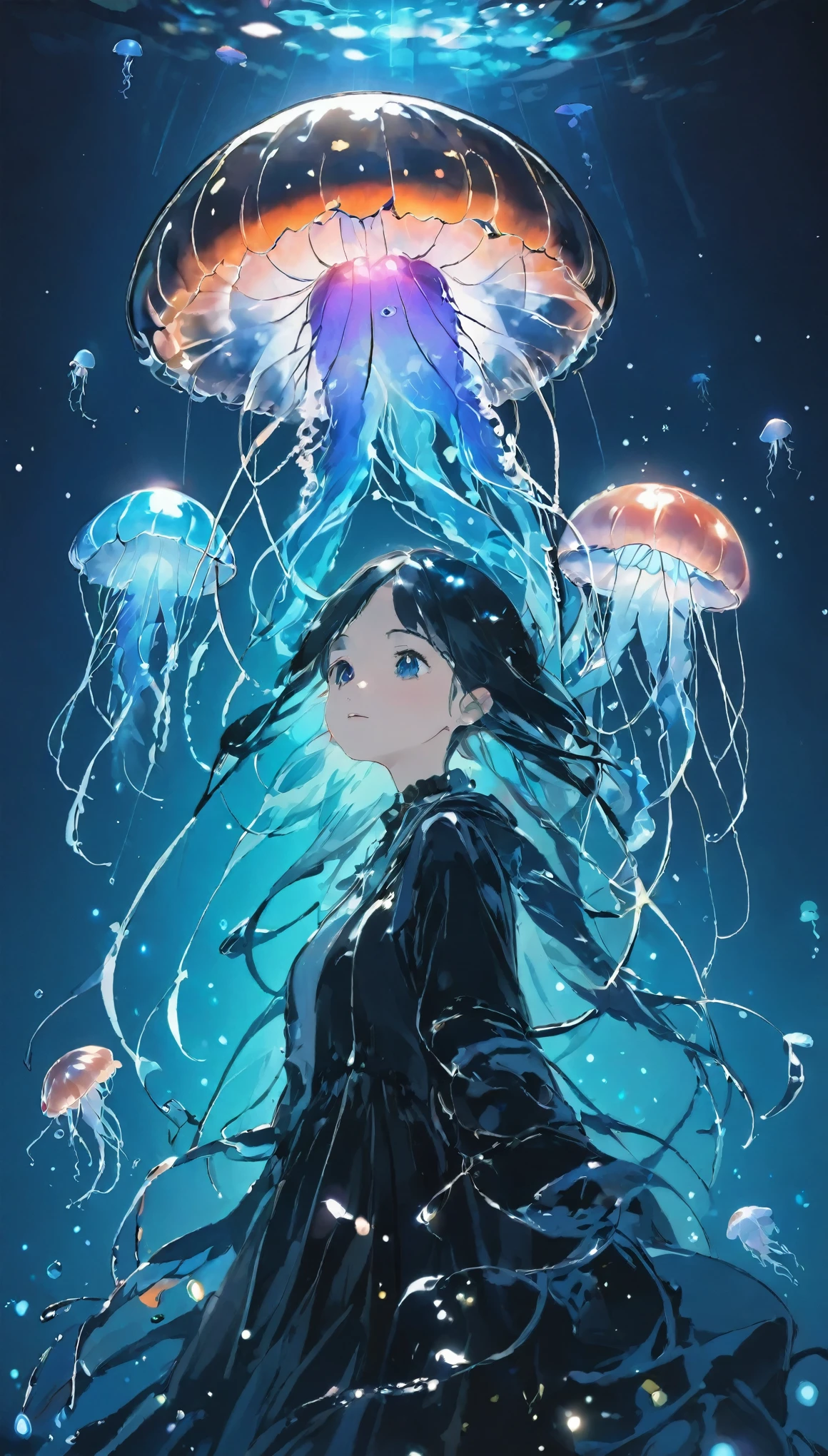 highest quality、Masterpiece、High resolution、8k、Pitch Blackの静寂を演出、Wallpaper Art、A woman looking around、pretty girl、、Jellyfish floating in the air、Blue glowing jellyfish、Fluorescent jellyfish、Mystical Expressions、Synaptic vesicles、Neuron、Jellyfish-shaped quantum computer、Pitch Black、The only light source is the jellyfish、