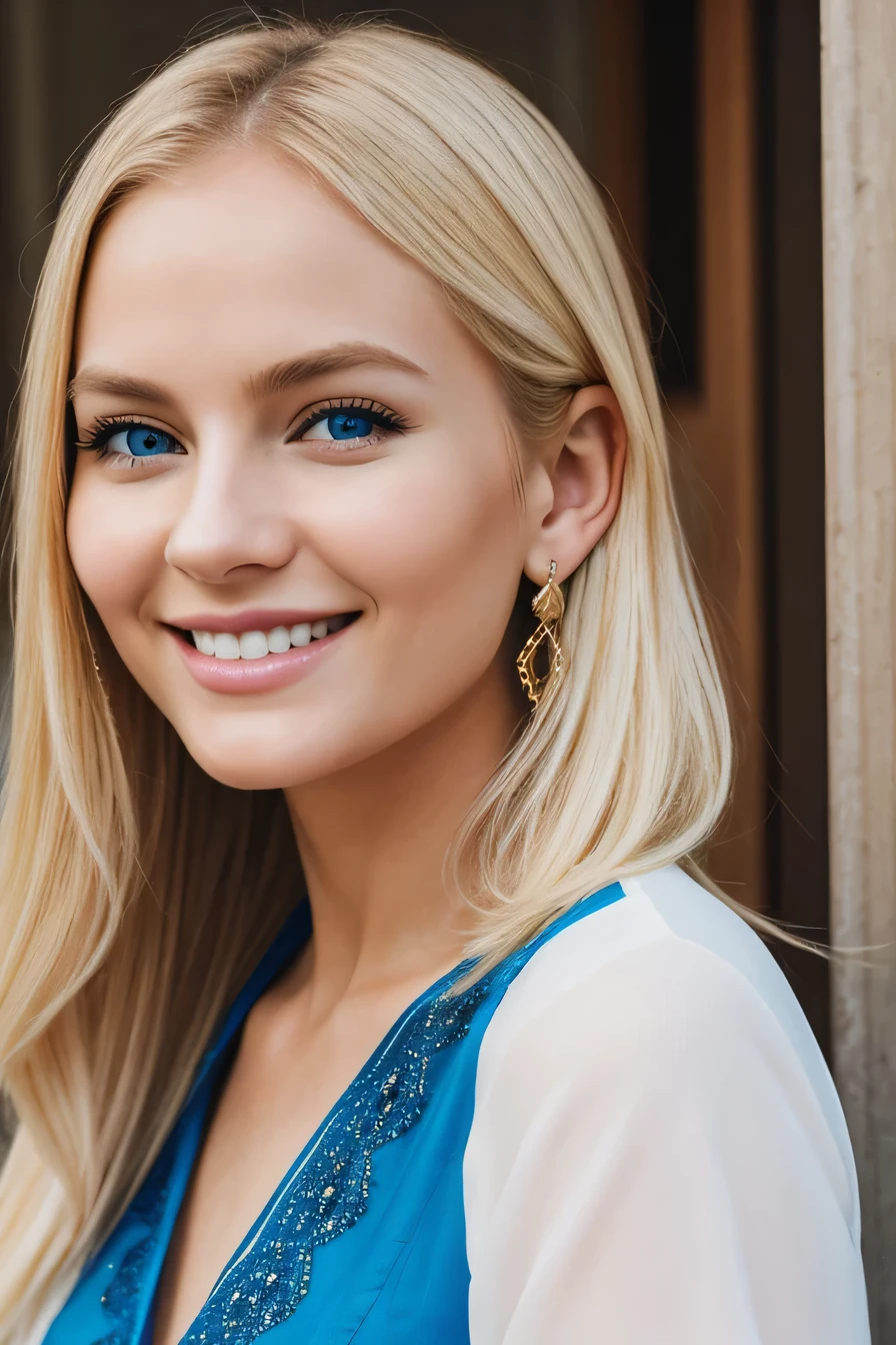 20A beautiful young woman、 White woman、Blonde Hair、blue eyes、Ear piercing、blouse、smile, Beautiful teeth alignment、Intricate details, Very detailed:1.2), 、 Looking at the camera,The background is the town