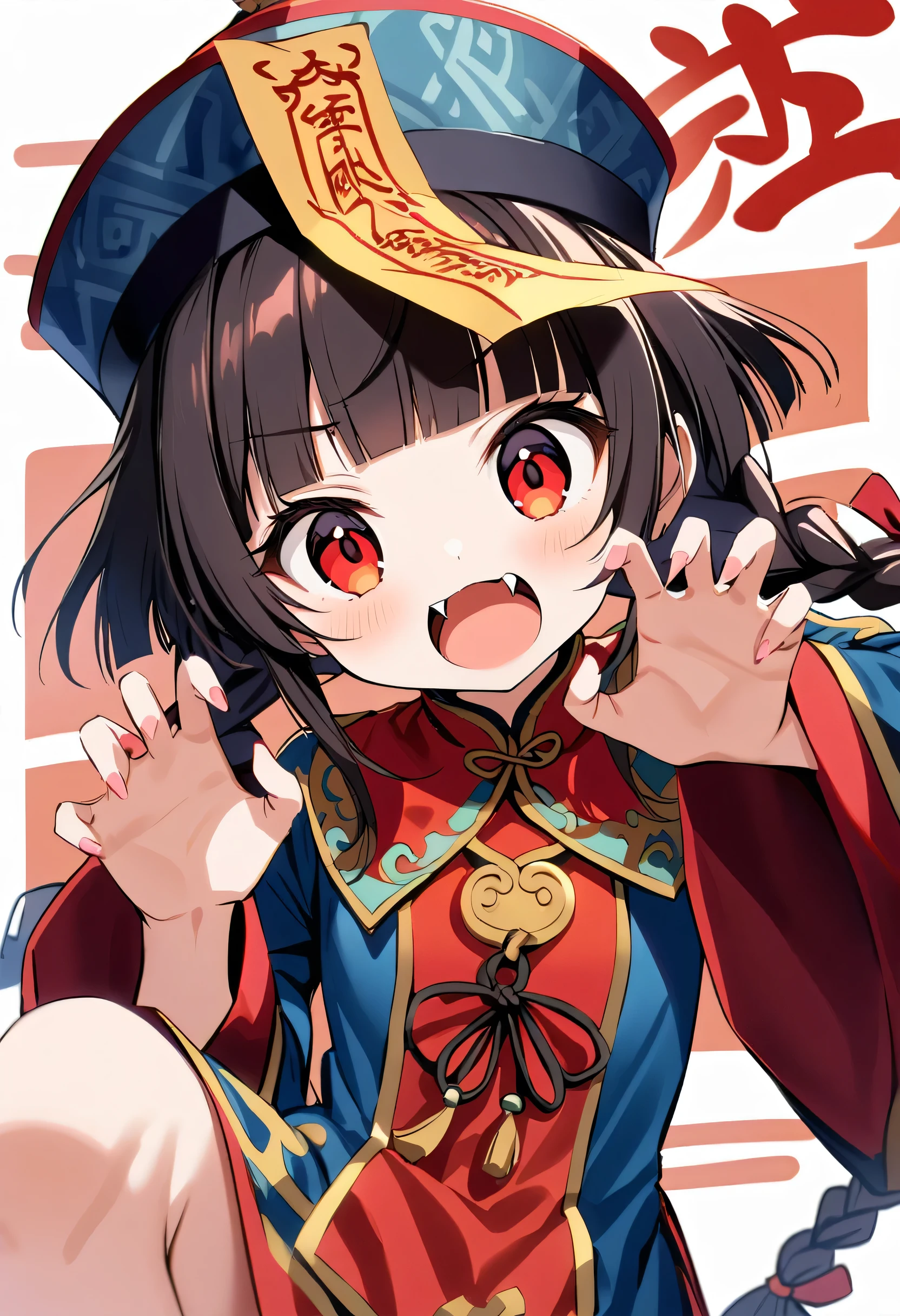 A cute young jiangshi girl, solo, with twin braids and blunt bangs framing her red eyes. She wears a qingdai guanmao adorned with an ofuda and traditional Chinese clothing. Her small fangs are bared as she strikes a claw pose. 