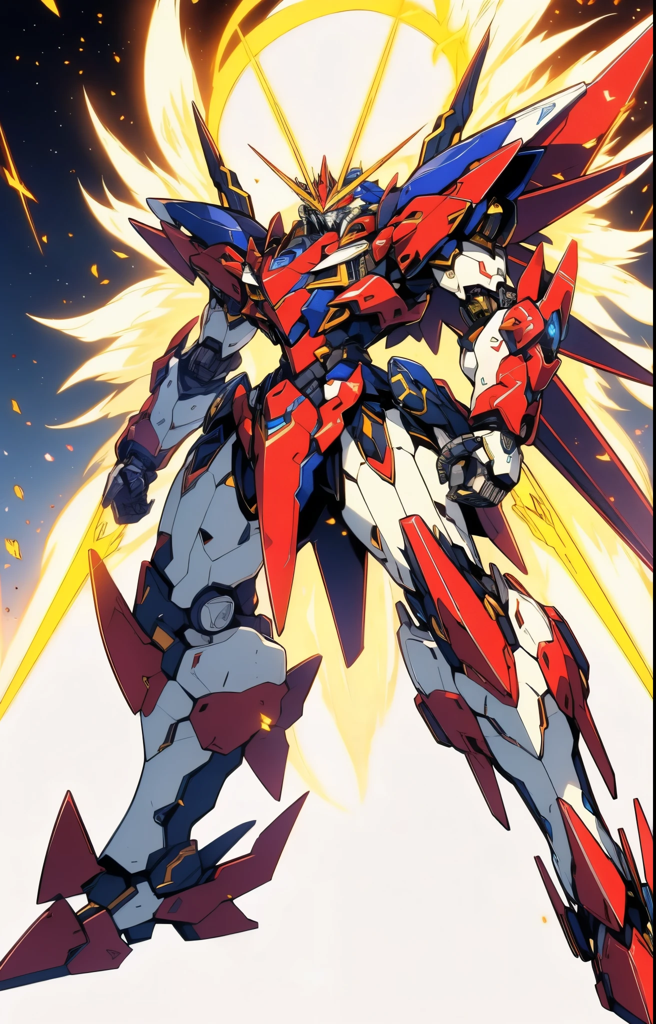 Humanoid Mecha, fully enclosed shoulder guards, matching arm and leg guards, full body, full armor, the design balances heavy with agility, (the color scheme is primarily white with red and blue accents, the concept Inspired by Military Robot, organic biotech armor, pose, standing, floating high above the futuristic sci-fi city), exquisite and mature art style, (aura effect, energy, glowing eyes, the armor glows), ((MRS)), metallic, dynamic, dramatic, high definition, best quality, highres, ultra-detailed, ultra-fine painting, extremely delicate, professional, perfect body proportions, anatomically correct, symmetrical face, extremely detailed eyes and face, high quality eyes, creativity, RAW photo, UHD, 32k, Natural light, cinematic lighting, masterpiece-anatomy-perfect, masterpiece:1.5