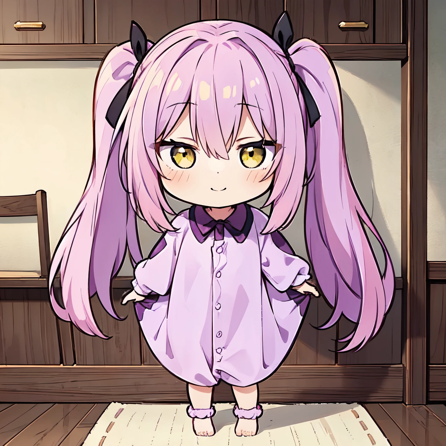 (8K, best quality, master piece: 1.2), super high resolution,1 girl,solo,(chibi:1.4),ultra-detailed face, detailed eyes,BREAK,Pink Hair,Twin tails,Green head ribbon,smile,Yellow Eyes,(purple Eggplant Costume),(purple Eggplant kigurumi),Rim Light,slipper,Are standing,full body,toe,Kitchen in the house