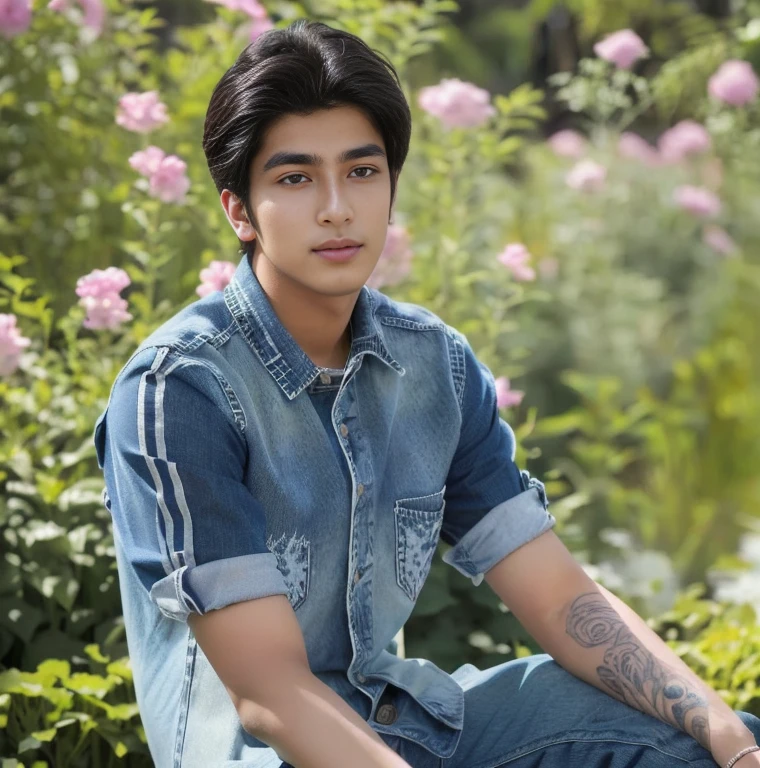 Araaf man is sitting in a flower field with a camera., reporter photo, Niwan Chandra, professional photos, profesional photography, professional photograph, Thawan Duchanee, Mohamed Shahin, Ramil Sunga, picture, photography, portrait picture, Jonathan Weychuk, photograph, Photograpgy, Full characteristics