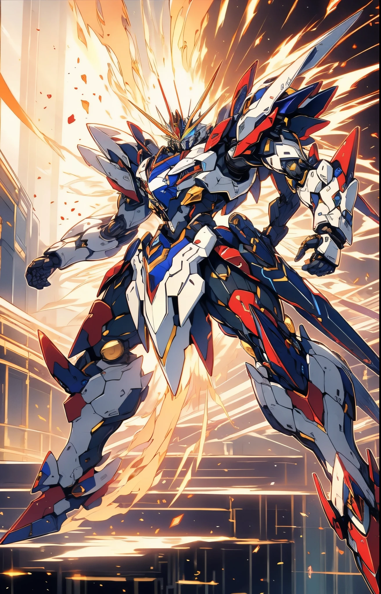 Humanoid Mecha, fully enclosed shoulder guards, matching arm and leg guards, full body, full armor, the design balances heavy with agility, (the color scheme is primarily white with red and blue accents, the concept Inspired by Military Robot, organic biotech armor, pose, standing, floating high above the futuristic sci-fi city), exquisite and mature art style, (aura effect, energy, glowing eyes, the armor glows), ((MRS)), metallic, dynamic, dramatic, high definition, best quality, highres, ultra-detailed, ultra-fine painting, extremely delicate, professional, perfect body proportions, anatomically correct, symmetrical face, extremely detailed eyes and face, high quality eyes, creativity, RAW photo, UHD, 32k, Natural light, cinematic lighting, masterpiece-anatomy-perfect, masterpiece:1.5