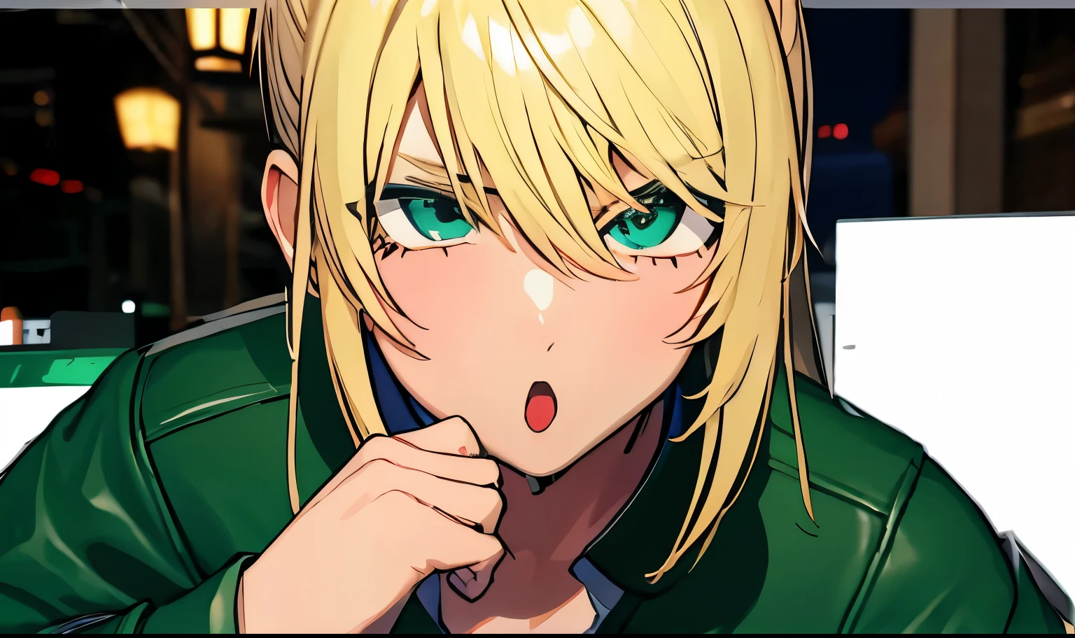 Embarrassed、Korean、1 girl、blonde、amount、Green Leather Shirt、Stand up your collar、Face Up、background Downtown at night、