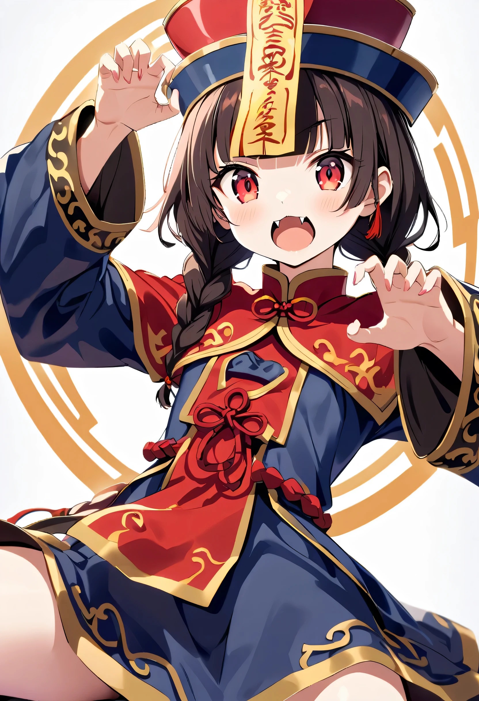 A cute young jiangshi girl, solo, with twin braids and blunt bangs framing her red eyes. She wears a qingdai guanmao adorned with an ofuda and traditional Chinese clothing. Her small fangs are bared as she strikes a claw pose. 