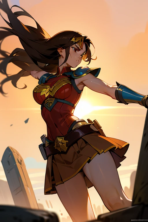 Anime caballera, or anime wonderwoman, with long flowing brown hair and piercing brown eyes. She wears a fitted outfit consisting of a leather wonderwoman armor vest and a flowing skirt. In one hand, she holds a sleek, shiny espada, or sword, its edge gleaming in the sunlight. determination in her gaze as she prepares for a lucha, or fight, against an invisible foe. Sweat beads on her brow, and her lips are pressed into a tight line as she focuses her energy for the impending battle. The setting sun casts an orange glow over the scene, highlighting the contours of her muscular form and the intricate details of her armor. She stands po