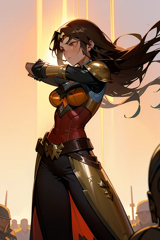 Anime caballera, or anime wonderwoman, with long flowing brown hair and piercing brown eyes. She wears a fitted outfit consisting of a leather wonderwoman armor vest and a flowing skirt. In one hand, she holds a sleek, shiny espada, or sword, its edge gleaming in the sunlight. determination in her gaze as she prepares for a lucha, or fight, against an invisible foe. Sweat beads on her brow, and her lips are pressed into a tight line as she focuses her energy for the impending battle. The setting sun casts an orange glow over the scene, highlighting the contours of her muscular form and the intricate details of her armor. She stands po