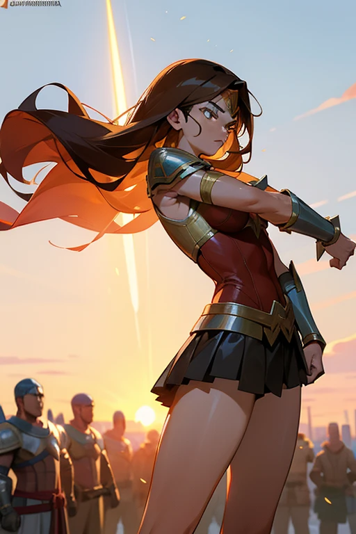Anime caballera, or anime wonderwoman, with long flowing brown hair and piercing brown eyes. She wears a fitted outfit consisting of a leather wonderwoman armor vest and a flowing skirt. In one hand, she holds a sleek, shiny espada, or sword, its edge gleaming in the sunlight. determination in her gaze as she prepares for a lucha, or fight, against an invisible foe. Sweat beads on her brow, and her lips are pressed into a tight line as she focuses her energy for the impending battle. The setting sun casts an orange glow over the scene, highlighting the contours of her muscular form and the intricate details of her armor. She stands po