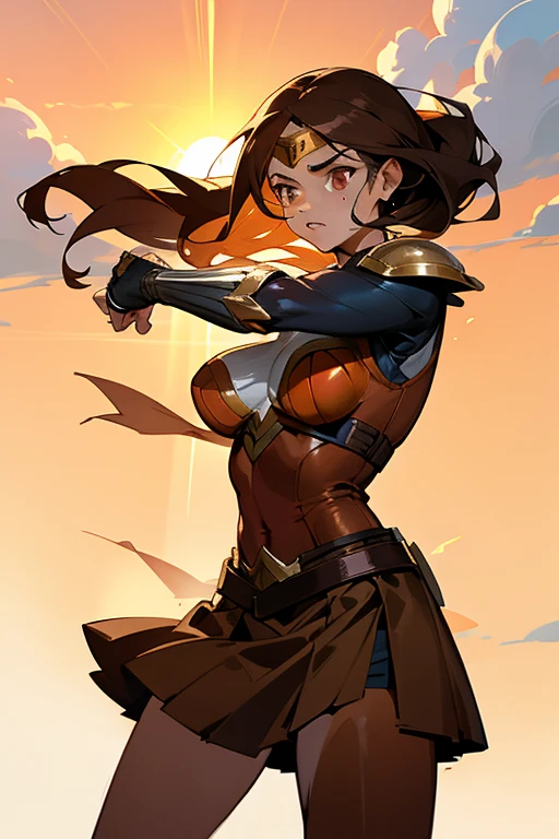 Anime caballera, or anime wonderwoman, with long flowing brown hair and piercing brown eyes. She wears a fitted outfit consisting of a leather wonderwoman armor vest and a flowing skirt. In one hand, she holds a sleek, shiny espada, or sword, its edge gleaming in the sunlight. determination in her gaze as she prepares for a lucha, or fight, against an invisible foe. Sweat beads on her brow, and her lips are pressed into a tight line as she focuses her energy for the impending battle. The setting sun casts an orange glow over the scene, highlighting the contours of her muscular form and the intricate details of her armor. She stands po