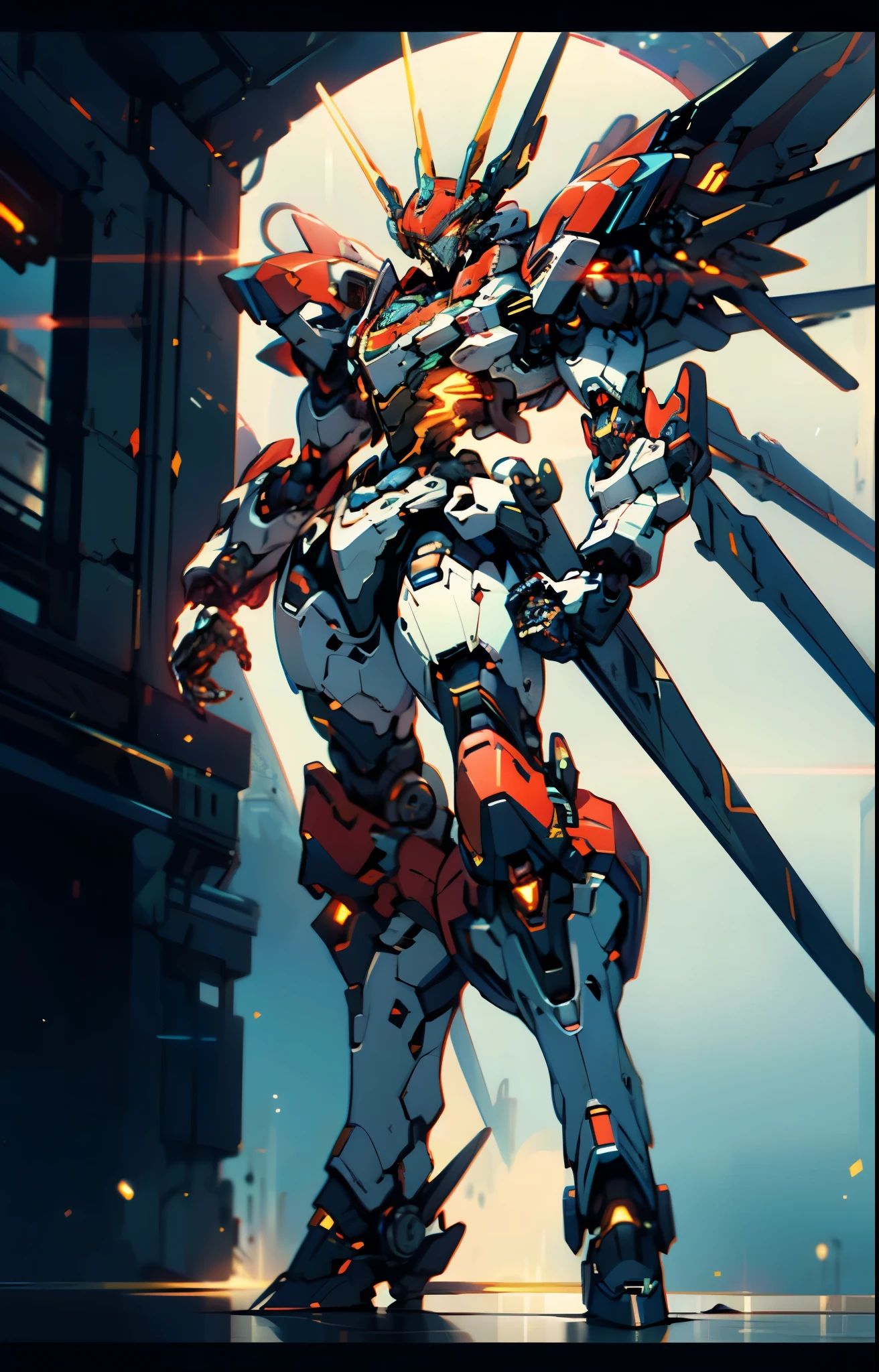 Humanoid Mecha, fully enclosed shoulder guards, matching arm and leg guards, full body, full armor, the design balances heavy with agility, (the color scheme is primarily white with red and blue accents, the concept Inspired by Military Robot, organic biotech armor, pose, standing, floating high above the futuristic sci-fi city), exquisite and mature art style, (aura effect, energy, glowing eyes, the armor glows), ((MRS)), metallic, dynamic, dramatic, high definition, best quality, highres, ultra-detailed, ultra-fine painting, extremely delicate, professional, perfect body proportions, anatomically correct, symmetrical face, extremely detailed eyes and face, high quality eyes, creativity, RAW photo, UHD, 32k, Natural light, cinematic lighting, masterpiece-anatomy-perfect, masterpiece:1.5
