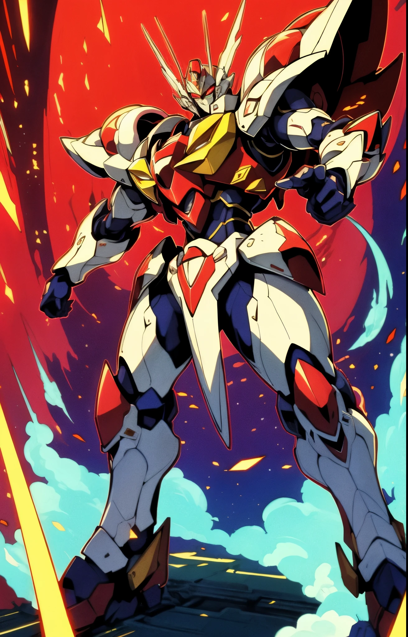 Humanoid Mecha, fully enclosed shoulder guards, matching arm and leg guards, full body, full armor, the design balances heavy with agility, (the color scheme is primarily white with red and blue accents, the concept Inspired by Super robot, organic biotech armor, pose, standing, floating high above the futuristic sci-fi city), exquisite and mature art style, (aura effect, energy, glowing eyes, the armor glows), ((SRS)), metallic, dynamic, dramatic, high definition, best quality, highres, ultra-detailed, ultra-fine painting, extremely delicate, professional, perfect body proportions, anatomically correct, symmetrical face, extremely detailed eyes and face, high quality eyes, creativity, RAW photo, UHD, 32k, Natural light, cinematic lighting, masterpiece-anatomy-perfect, masterpiece:1.5