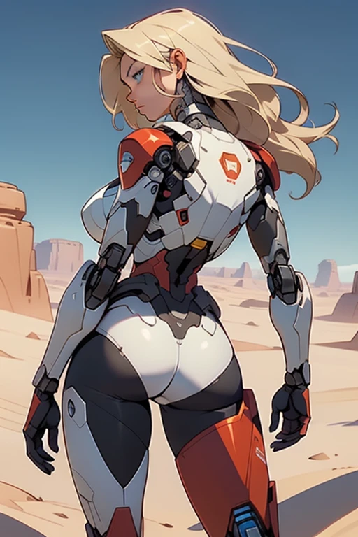 high quality, 4k, masterpiece, beautiful, cyborg girl, white design, supergirl insignia on her back, cowboy shot, dull blue eyes, back side, turning around to look at viewer, long blonde hair, girl, large breasts, fit thigh, robotic arms, robotic body, cyborg body, red accent, redaccent, intricate detail, joint, detailed lines, robotic detail, 1fist on hip, color robotic parts, robotic parts with color, perfect fingers, on a desert planet, sunny background, colorful desert,