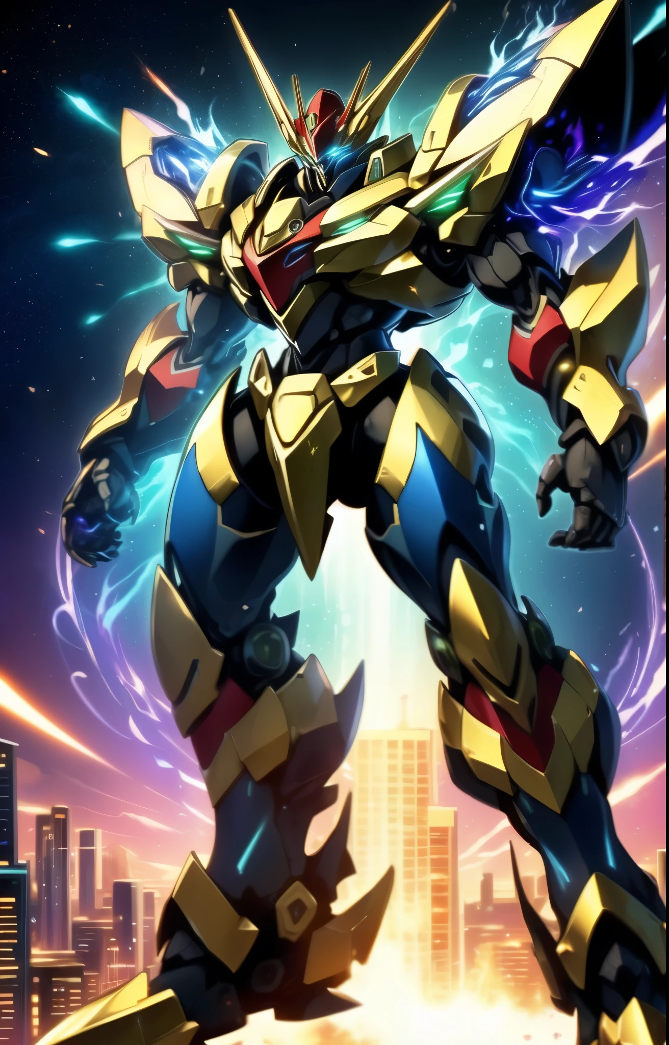 Humanoid Mecha, fully enclosed shoulder guards, matching arm and leg guards, full body, full armor, the design balances heavy with agility, (the color scheme is primarily white with red and blue accents, the concept Inspired by Super robot, organic biotech armor, pose, standing, floating high above the futuristic sci-fi city), exquisite and mature art style, (aura effect, energy, glowing eyes, the armor glows), ((SRS)), metallic, dynamic, dramatic, high definition, best quality, highres, ultra-detailed, ultra-fine painting, extremely delicate, professional, perfect body proportions, anatomically correct, symmetrical face, extremely detailed eyes and face, high quality eyes, creativity, RAW photo, UHD, 32k, Natural light, cinematic lighting, masterpiece-anatomy-perfect, masterpiece:1.5