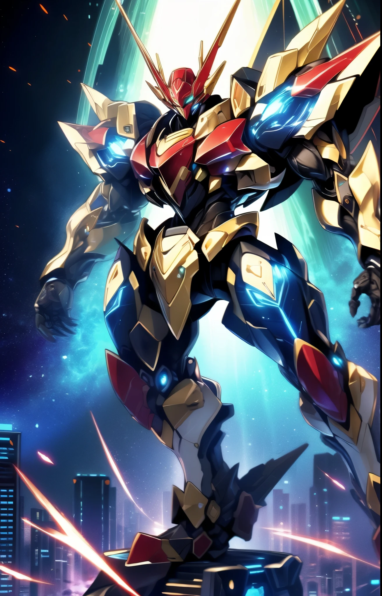 Humanoid Mecha, fully enclosed shoulder guards, matching arm and leg guards, full body, full armor, the design balances heavy with agility, (the color scheme is primarily white with red and blue accents, the concept Inspired by Super robot, organic biotech armor, pose, standing, floating high above the futuristic sci-fi city), exquisite and mature art style, (aura effect, energy, glowing eyes, the armor glows), ((SRS)), metallic, dynamic, dramatic, high definition, best quality, highres, ultra-detailed, ultra-fine painting, extremely delicate, professional, perfect body proportions, anatomically correct, symmetrical face, extremely detailed eyes and face, high quality eyes, creativity, RAW photo, UHD, 32k, Natural light, cinematic lighting, masterpiece-anatomy-perfect, masterpiece:1.5