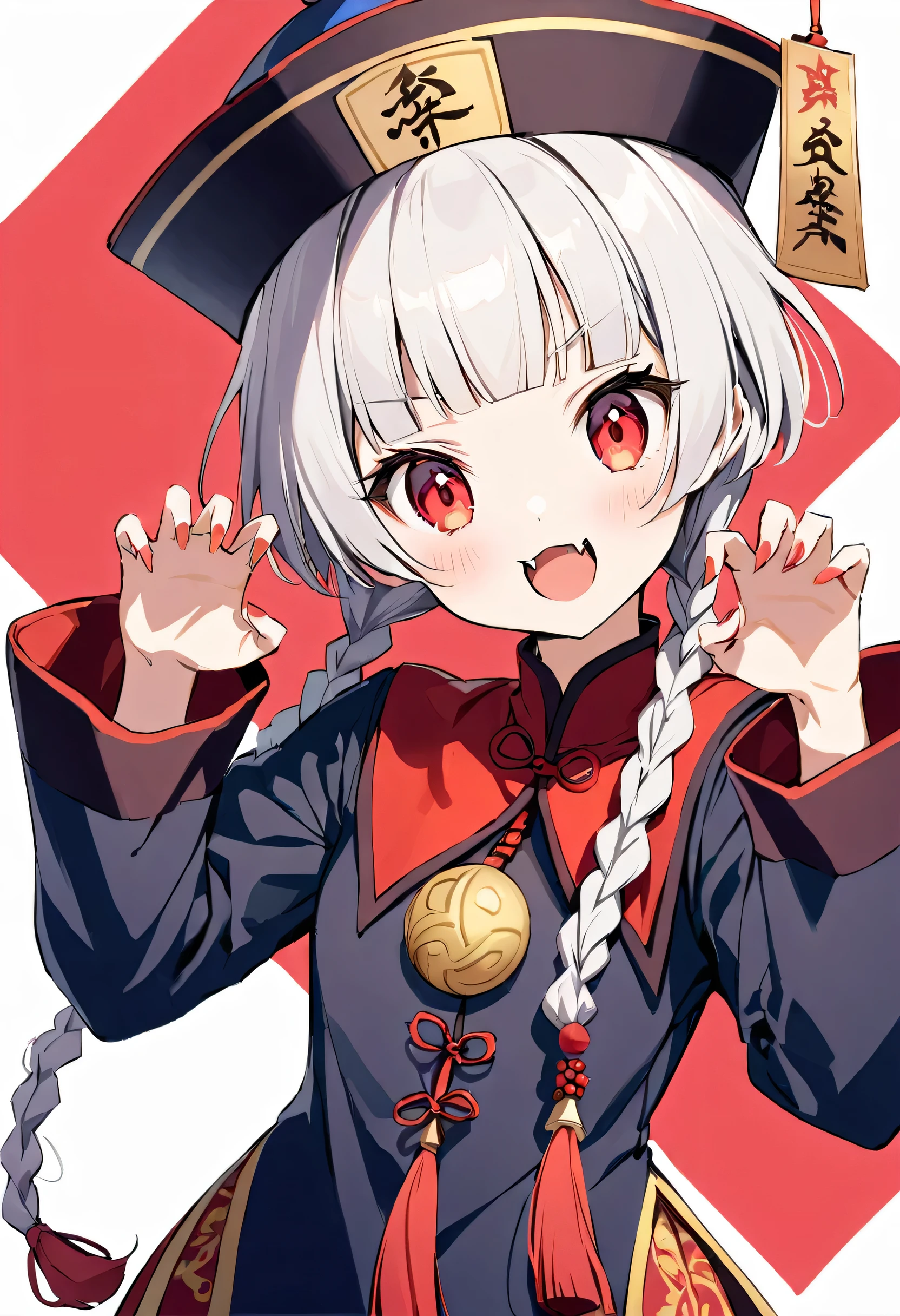 A cute, beautiful young woman with twin braids and blunt bangs, wearing a qingdai guanmao hat and traditional Chinese clothing. She has red eyes and small fangs, and is making a claw pose, conveying her supernatural nature as a jiangshi (Chinese vampire). The image should have a whimsical, folklore-inspired style.