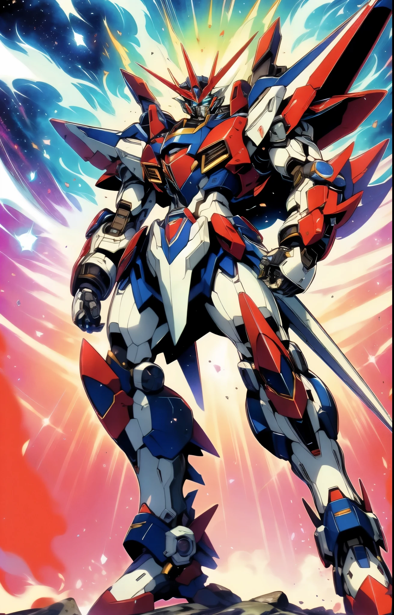 Humanoid Mecha, fully enclosed shoulder guards, matching arm and leg guards, full body, full armor, the design balances heavy with agility, (the color scheme is primarily white with red and blue accents, the concept Inspired by Super robot, organic biotech armor, pose, standing, floating high above the futuristic sci-fi city), exquisite and mature art style, (aura effect, energy, glowing eyes, the armor glows), ((SRS)), metallic, dynamic, dramatic, high definition, best quality, highres, ultra-detailed, ultra-fine painting, extremely delicate, professional, perfect body proportions, anatomically correct, symmetrical face, extremely detailed eyes and face, high quality eyes, creativity, RAW photo, UHD, 32k, Natural light, cinematic lighting, masterpiece-anatomy-perfect, masterpiece:1.5