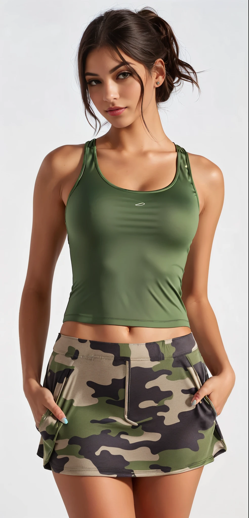 a woman in a green regata and camouflage skirt, tight fitted regata, Oliva green, regata, vestindo roupas simples e justas, top verde, wearing regata, two piece workout clothes, wearing a cropped black regata, Oliva, wearing a black cropped regata, regata, vestindo uma regata, tops sem mangas, regata preta apertada