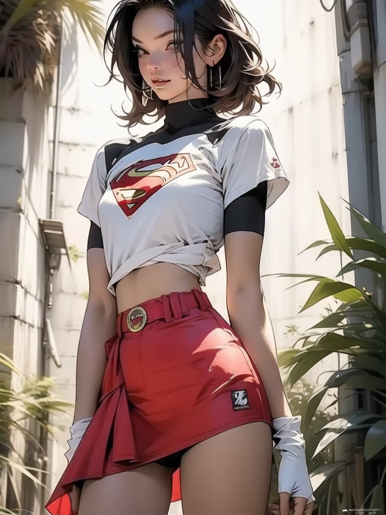 nijistyle, Uma guerreira mulher de 35 anos musculosa quase nua no estilo Simon Bisley para a capa da revista Heavy Metal, ((( cabelo loiro curto))), (((short cut))), Minimum clothing, supergirl t-shirt, with supergirl onsignia, Tiny thong, nijistyle