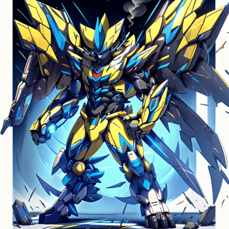 (ZERAORA, 8K), giant mechanical Muscular Zeraora is trampling the city, NSFW, Zeraora is over 1000 meters long. Additional details: (masterpiece, official art, 8k, best quality) terrifying and imposing design, (smoke and flames rising from the destruction in the background, a lone figure) (high-tech bio-mecha armor, real texture material), (gigantic muscles, Gigachad Muscular, big muscle, pecs, triceps, traps, unusually developed muscular body, body full of huge muscles. showing off muscles, pectorales enormes, Exaggeratedly huge muscles.),(Spread wings, It has wings, have big wings, golden wings), (whole body shines like metal, Wearing cyberpunk mecha, emphasizes the muscles, suit fully made of metal, intricate armor, Robotic suit, suit fully made of metal, cyborg), (giant zeraora, Zeraora's giant robot, Powered exoskeleton with the same design as Zeraora), (Masterpiece, highres) (Detailed head, Detailed Body, Detailed abs, full body, gundam, The zeraora stands on the platform, Holding a sword in hand, 
modern mecha anime, 