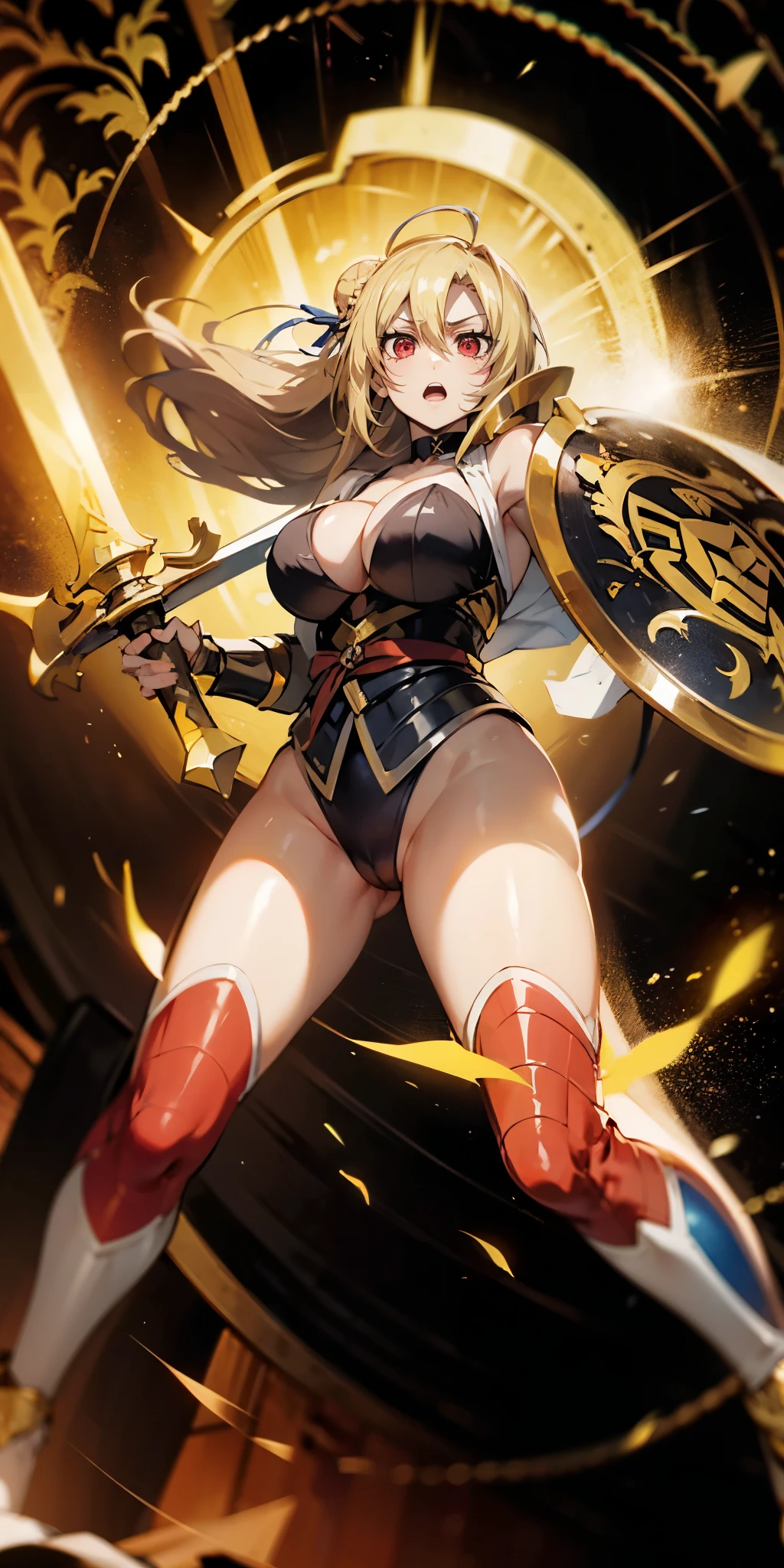 blonde hair, hair bun, red eyes, braid, curvy, ((anatomically correct:1.3)), heavy breathing, huge breasts, epic art, fantasy, breast press, 1girl, solo, breasts, japanese armor, sword, holding sword, (shield:1.3), (holding shield:1.3), blue fire, lens flare, field, bokeh, hair flowing over, magic, enchanting magic spell, fantasy art, white_legwear, (shaded face:1.2), hollow eyes, red eyes, looking at viewer, (heavy breathing:1.2), open mouth, angry, glaring eyes, 