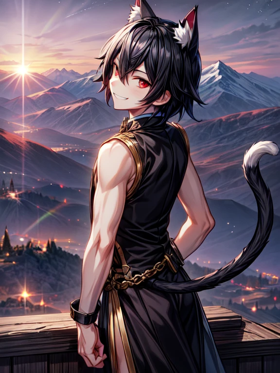 1 boy, shiny dark black hair, Red eyes, Big Pointy Cat Ears, cat tail, I look at the viewer and grin, Mountainous terrain, sunrise, permission 4k