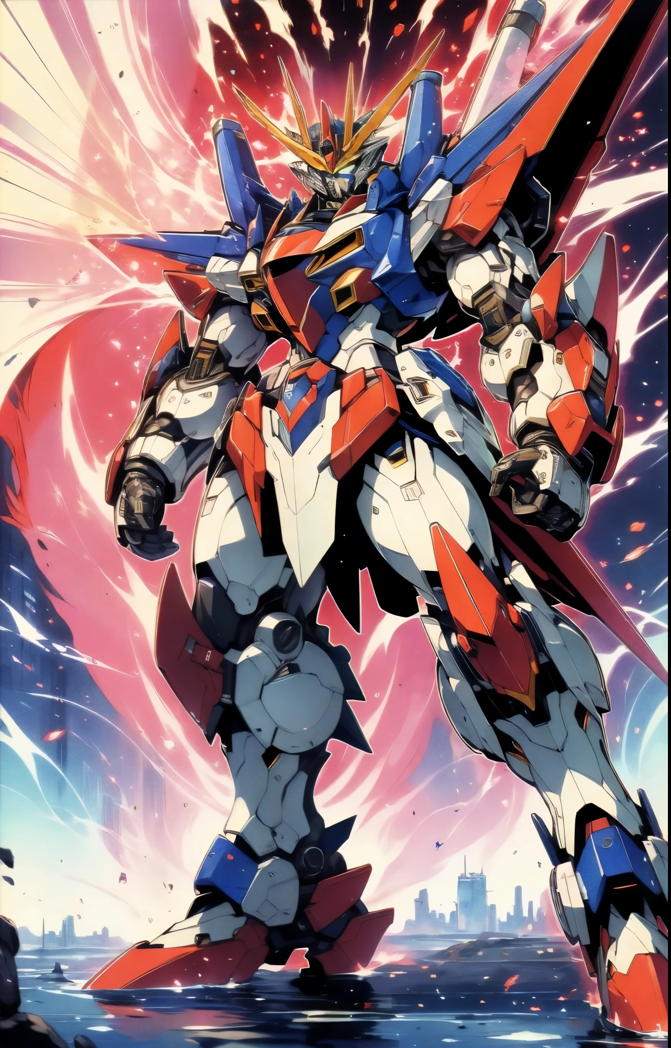Humanoid Mecha, fully enclosed shoulder guards, matching arm and leg guards, full body, full armor, the design balances heavy with agility, (the color scheme is primarily white with red and blue accents, the concept Inspired by Super robot, organic biotech armor, pose, standing, floating high above the futuristic sci-fi city), exquisite and mature art style, (aura effect, energy, glowing eyes, the armor glows), ((SRS)), metallic, dynamic, dramatic, high definition, best quality, highres, ultra-detailed, ultra-fine painting, extremely delicate, professional, perfect body proportions, anatomically correct, symmetrical face, extremely detailed eyes and face, high quality eyes, creativity, RAW photo, UHD, 32k, Natural light, cinematic lighting, masterpiece-anatomy-perfect, masterpiece:1.5