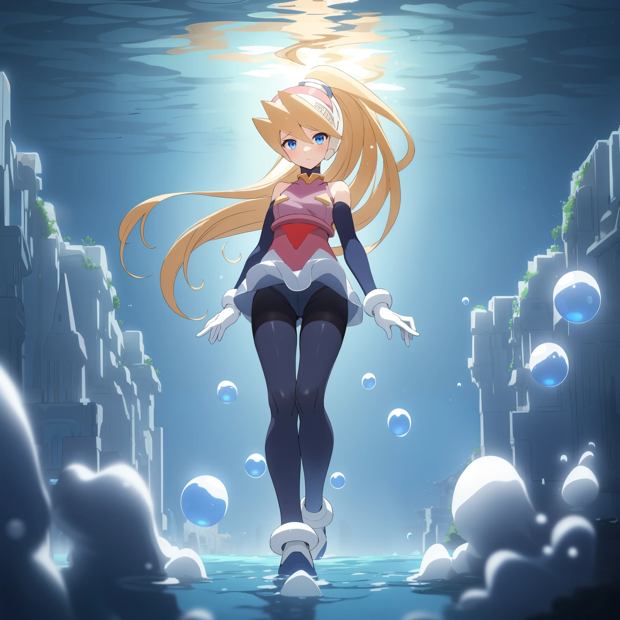 ciel_megamanz, 1girl, solo, long hair, blue eyes, blonde hair, ponytail, headgear, pantyhose, white gloves, high quality, masterpiece, standing in an underwater city with lots of bubbles, in the style of yuumei, intricate architectures, indigo, miniature illumination, daniel f. gerhartz