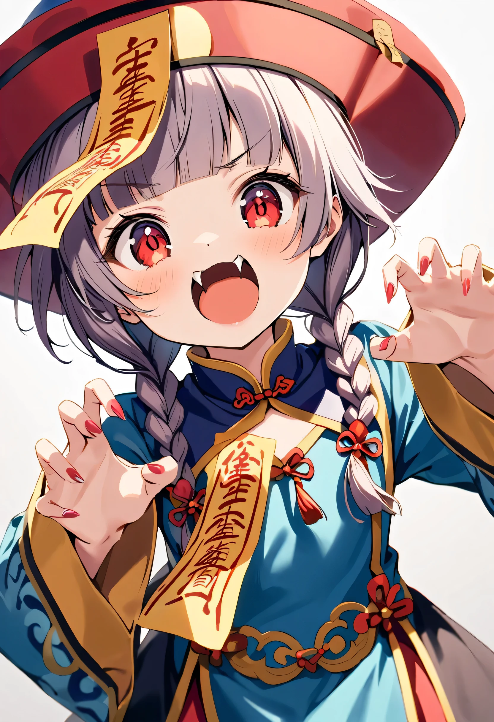 A cute young jiangshi girl, solo, with twin braids and blunt bangs framing her red eyes. She wears a qingdai guanmao adorned with an ofuda and traditional Chinese clothing. Her small fangs are bared as she strikes a claw pose.