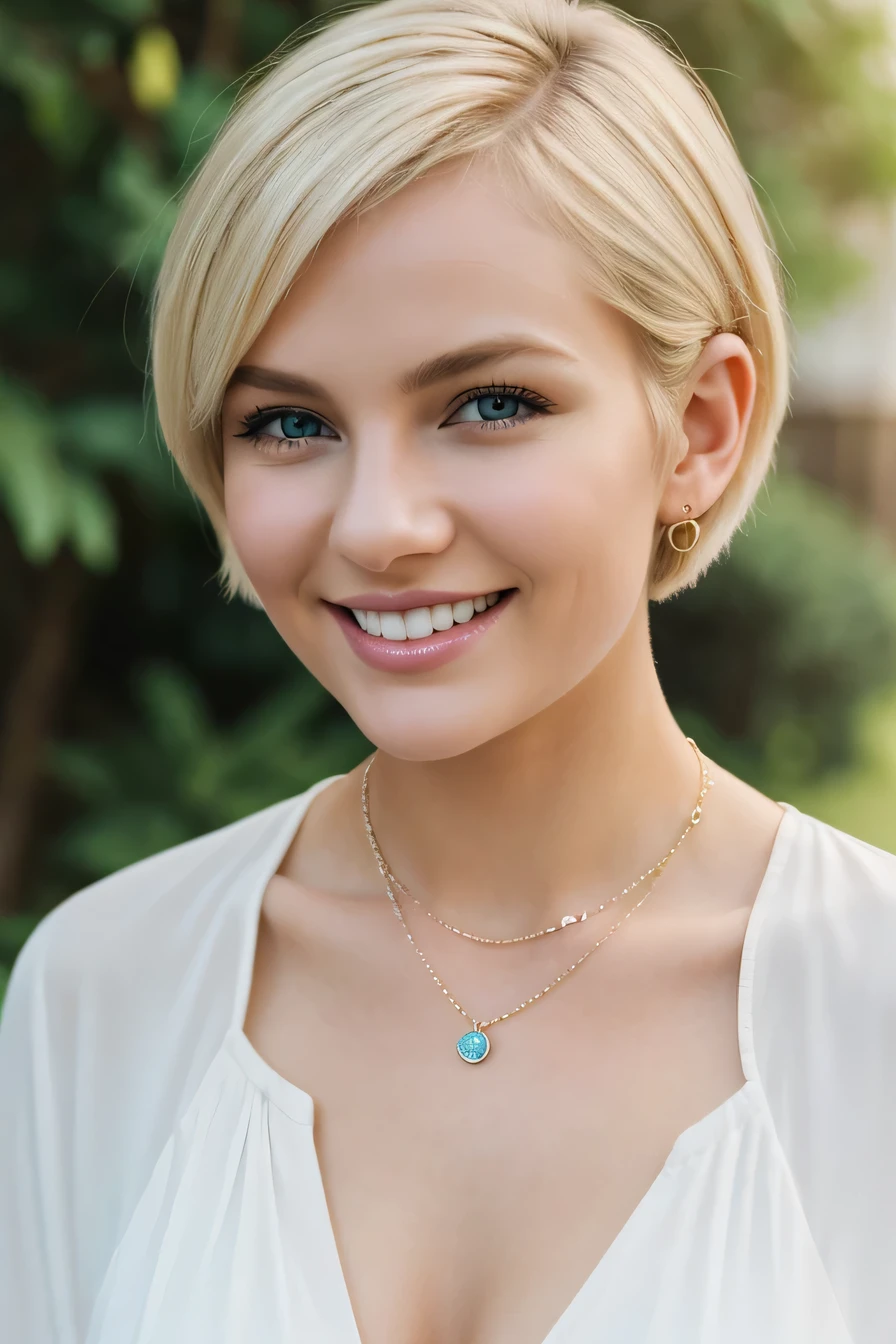 ２０A beautiful young woman、 White woman、Blonde Hair、Short Haircut、blue eyes、Ear piercing、Necklace around the neck、blouse、smile, Beautiful teeth alignment、Intricate details, Very detailed:1.2), 、 Looking at the camera,The background is the town

