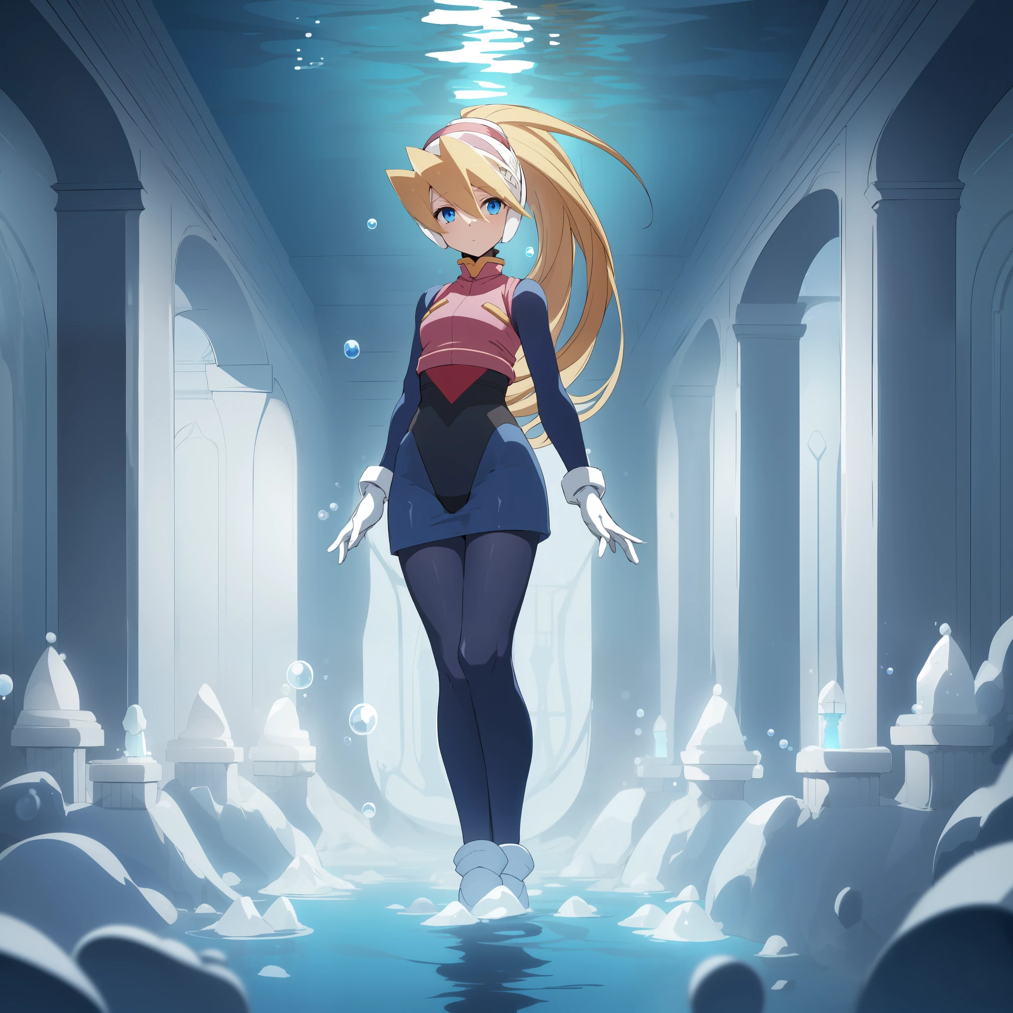 ciel_megamanz, 1girl, solo, long hair, blue eyes, blonde hair, ponytail, headgear, pantyhose, white gloves, high quality, masterpiece, standing in an underwater city with lots of bubbles, in the style of yuumei, intricate architectures, indigo, miniature illumination, daniel f. gerhartz