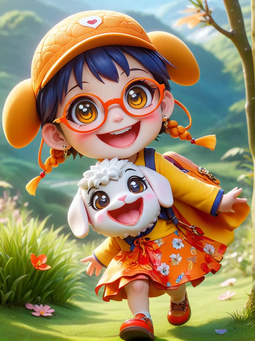 (chibi)，(masterpiece, top quality, best quality, official art, beautiful and aesthetic:1.2), cute lamb ip,koi,chibi face,grass,red scar, laugh,beautiful dress, cute cartoon diagonal shoulder bag, orange cartoon glasses, yellow pattern wool cap, 1fkxc1