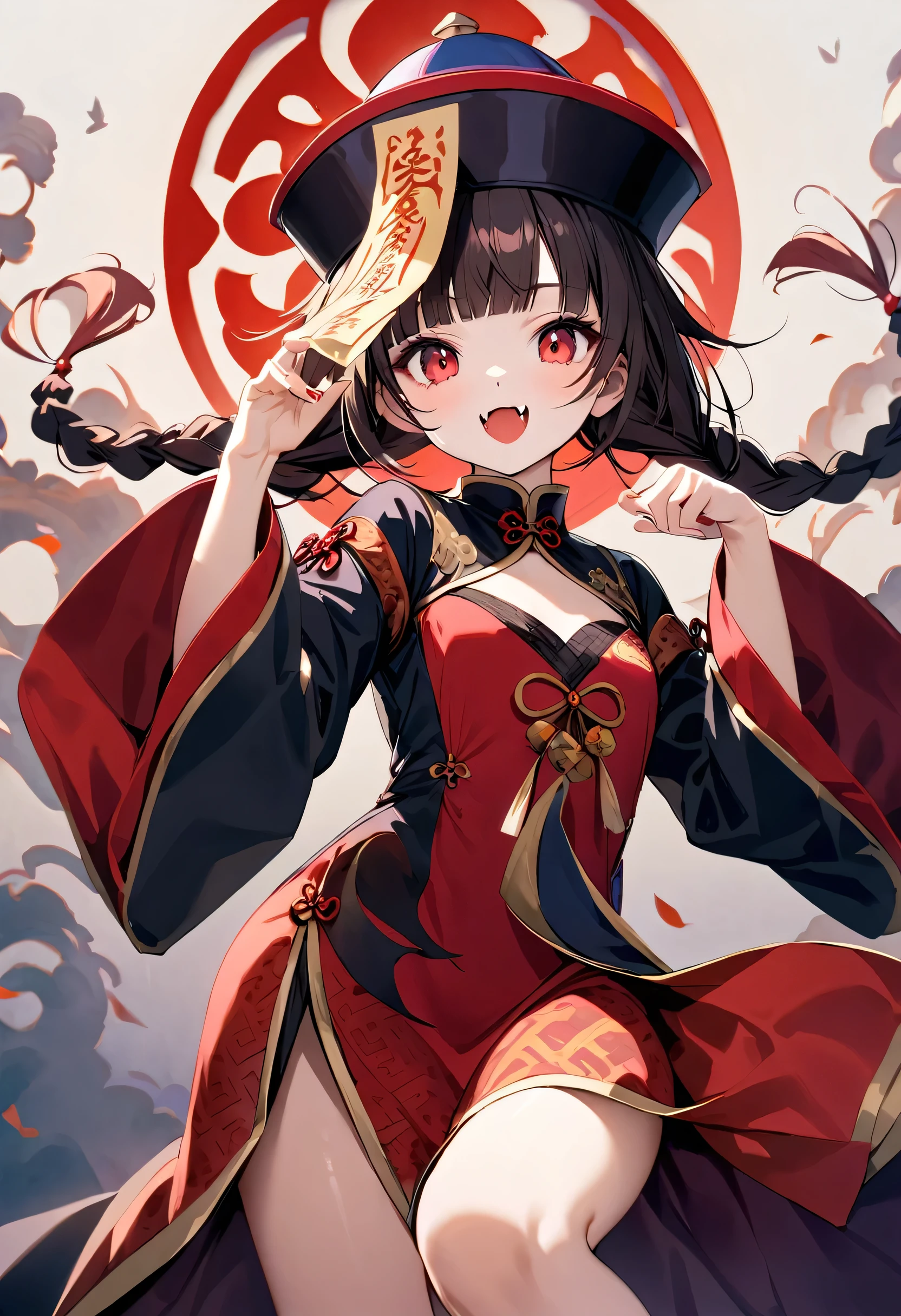 A high-resolution, photographic portrait of a cute, beautiful Japanese girl embodying the traditional Chinese jiangshi (hopping vampire). She stands solo, striking a captivating claw pose that exudes both charm and an eerie aura. Her twin braids with blunt bangs frame her face perfectly, showcasing her striking red eyes which add a mystical touch to her character.
She wears a traditional qingdai guanmao (official's hat) adorned with an ofuda (a paper talisman), symbolizing her role as a jiangshi. Her attire consists of authentic Chinese clothes — richly detailed with intricate patterns that reflect the cultural heritage. To complete her captivating appearance, she has small, delicate fangs that peek out subtly, enhancing her cute yet supernatural essence.