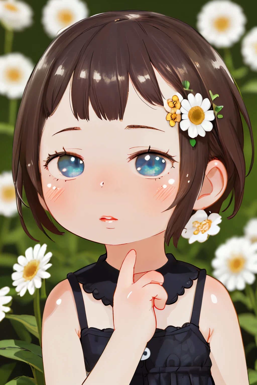 1girl, highly detailed, photorealistic, adorable chibi girl, holding a daisy in her left hand, plucking the petals of the daisy with her right hand, beautiful detailed eyes, beautiful detailed lips, extremely detailed face and hair, intricate floral dress, soft lighting, delicate petals, serene expression, pastoral garden background, vibrant colors, cinematic composition, masterpiece, (best quality,4k,8k,highres,masterpiece:1.2),ultra-detailed,(realistic,photorealistic,photo-realistic:1.37)