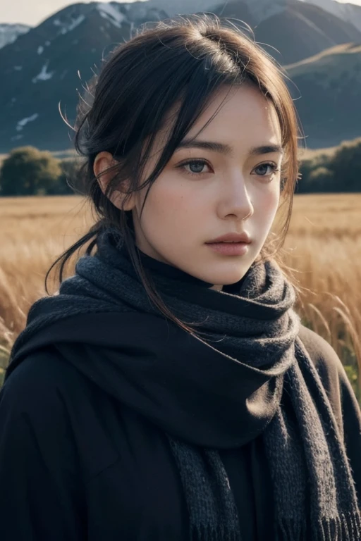 8k, best quality, masterpiece, realistic, ultra detail, photo realistic, Increase quality, 
a photo of a girl standing in a field with a scarf, in the style of dark and brooding designer, voluminous mass, photobash, serene faces, jagged edges, navy, natural beauty, close-up shot
