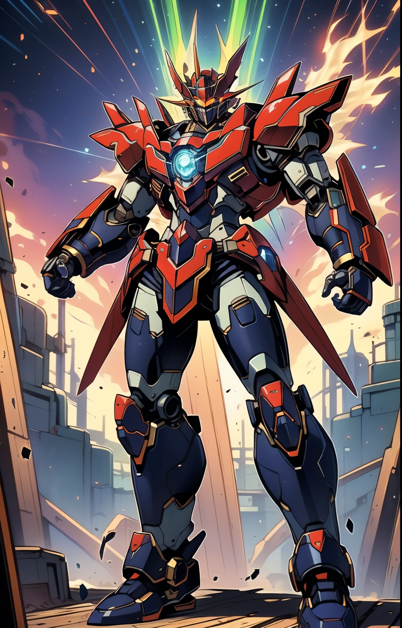 Humanoid Mecha, fully enclosed shoulder guards, matching arm and leg guards, full body, full armor, the design balances heavy with agility, (the color scheme is primarily white with red and blue accents, the concept Inspired by Super robot, organic biotech armor, pose, standing, floating high above the futuristic sci-fi city), exquisite and mature art style, (aura effect, energy, glowing eyes, the armor glows), ((SRS)), metallic, dynamic, dramatic, high definition, best quality, highres, ultra-detailed, ultra-fine painting, extremely delicate, professional, perfect body proportions, anatomically correct, symmetrical face, extremely detailed eyes and face, high quality eyes, creativity, RAW photo, UHD, 32k, Natural light, cinematic lighting, masterpiece-anatomy-perfect, masterpiece:1.5