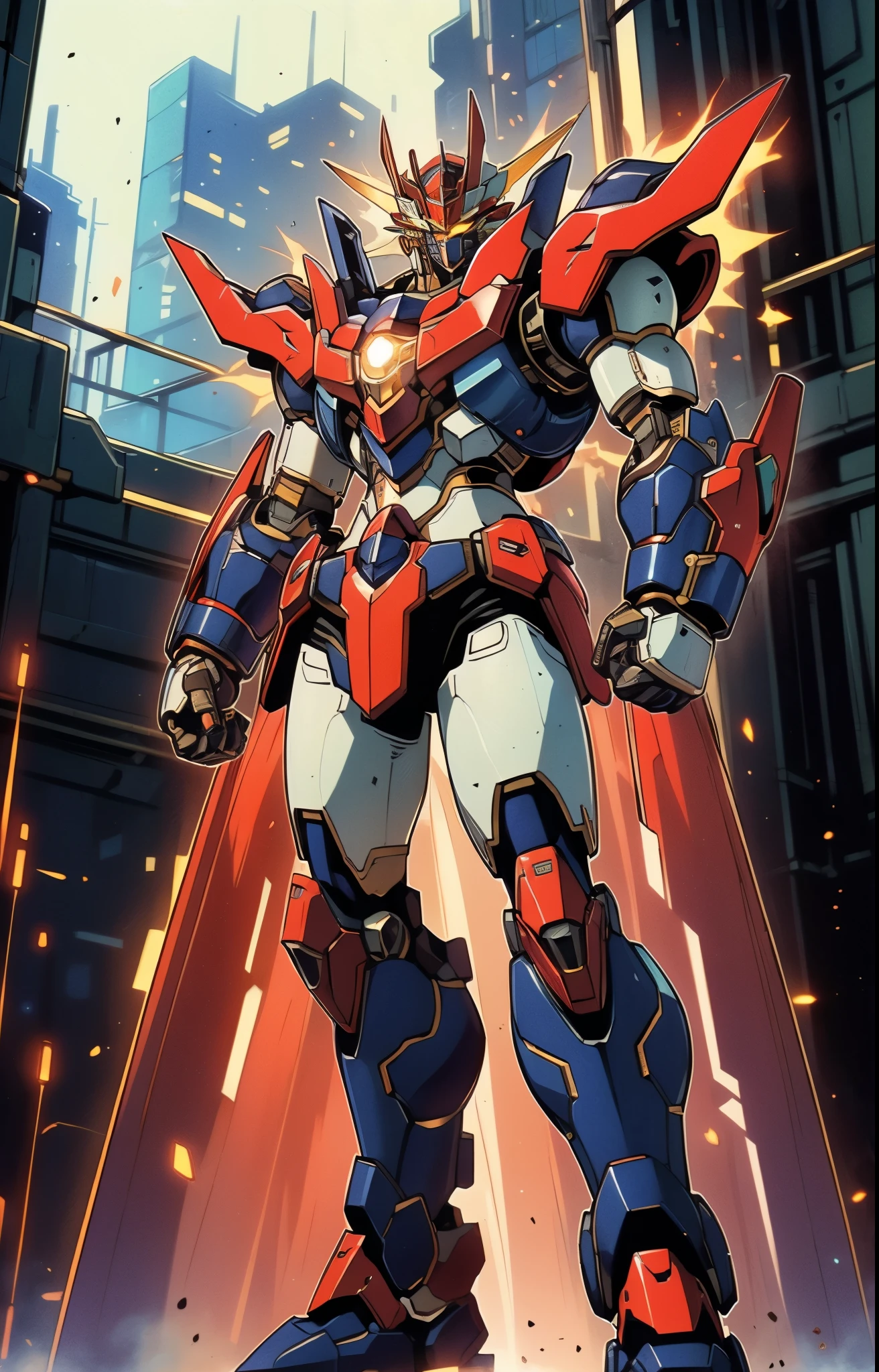Humanoid Mecha, fully enclosed shoulder guards, matching arm and leg guards, full body, full armor, the design balances heavy with agility, (the color scheme is primarily white with red and blue accents, the concept Inspired by Super robot, organic biotech armor, pose, standing, floating high above the futuristic sci-fi city), exquisite and mature art style, (aura effect, energy, glowing eyes, the armor glows), ((SRS)), metallic, dynamic, dramatic, high definition, best quality, highres, ultra-detailed, ultra-fine painting, extremely delicate, professional, perfect body proportions, anatomically correct, symmetrical face, extremely detailed eyes and face, high quality eyes, creativity, RAW photo, UHD, 32k, Natural light, cinematic lighting, masterpiece-anatomy-perfect, masterpiece:1.5