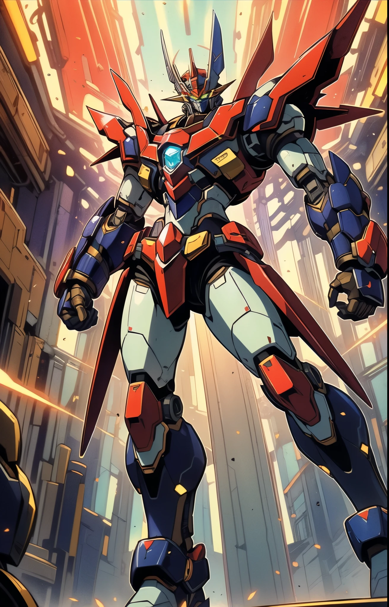 Humanoid Mecha, fully enclosed shoulder guards, matching arm and leg guards, full body, full armor, the design balances heavy with agility, (the color scheme is primarily white with red and blue accents, the concept Inspired by Super robot, organic biotech armor, pose, standing, floating high above the futuristic sci-fi city), exquisite and mature art style, (aura effect, energy, glowing eyes, the armor glows), ((SRS)), metallic, dynamic, dramatic, high definition, best quality, highres, ultra-detailed, ultra-fine painting, extremely delicate, professional, perfect body proportions, anatomically correct, symmetrical face, extremely detailed eyes and face, high quality eyes, creativity, RAW photo, UHD, 32k, Natural light, cinematic lighting, masterpiece-anatomy-perfect, masterpiece:1.5