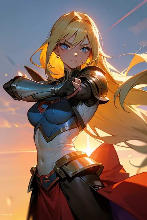 Anime caballera, or anime supergirl, with long flowing blonde hair and piercing blue eyes. She wears a fitted outfit consisting of a leather supergirl armor vest and a flowing skirt. In one hand, she holds a sleek, shiny espada, or sword, its edge gleaming in the sunlight. determination in her gaze as she prepares for a lucha, or fight, against an invisible foe. Sweat beads on her brow, and her lips are pressed into a tight line as she focuses her energy for the impending battle. The setting sun casts an orange glow over the scene, highlighting the contours of her muscular form and the intricate details of her armor. She stands po