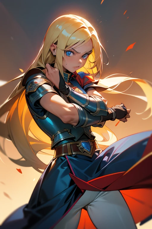Anime caballera, or anime supergirl, with long flowing blonde hair and piercing blue eyes. She wears a fitted outfit consisting of a leather supergirl armor vest and a flowing skirt. In one hand, she holds a sleek, shiny espada, or sword, its edge gleaming in the sunlight. determination in her gaze as she prepares for a lucha, or fight, against an invisible foe. Sweat beads on her brow, and her lips are pressed into a tight line as she focuses her energy for the impending battle. The setting sun casts an orange glow over the scene, highlighting the contours of her muscular form and the intricate details of her armor. She stands po