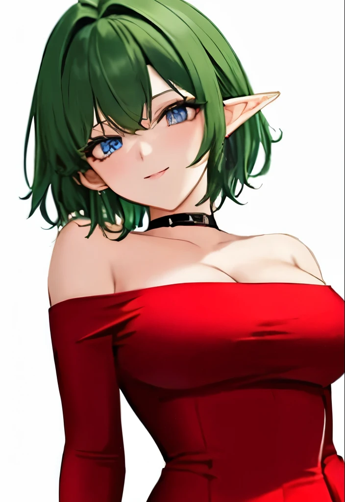(masterpiece,highest quality,Very delicate,8k), Medium short green hair:1.2, Red off-the-shoulder bodycon tube dress ,Red long arm covers,Elf Girl,((Big Breasts)),blue eyes,beautiful smiling