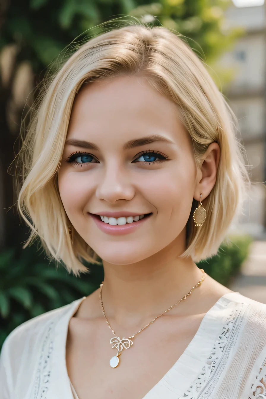 ２０A beautiful young woman、 White woman、Blonde Hair、Wavy Hair、Short Haircut、blue eyes、Ear piercing、Necklace around the neck、blouse、smile, Beautiful teeth alignment、Intricate details, Very detailed:1.2), 、 Looking at the camera,The background is the town